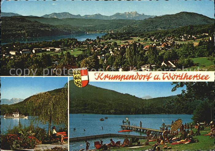 Krumpendorf Woerther See Gesamtansicht mit Alpenpanorama Badestrand Alpenseebad