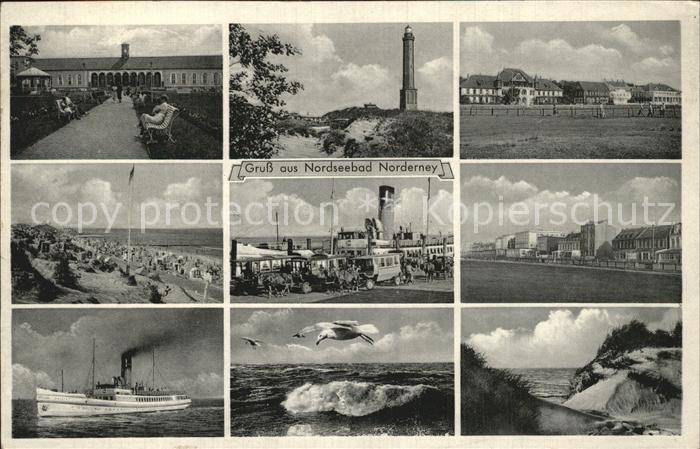 Norderney Nordseebad Hotels Strand Leuchtturm Dampfer Brandung Moewe Duenen