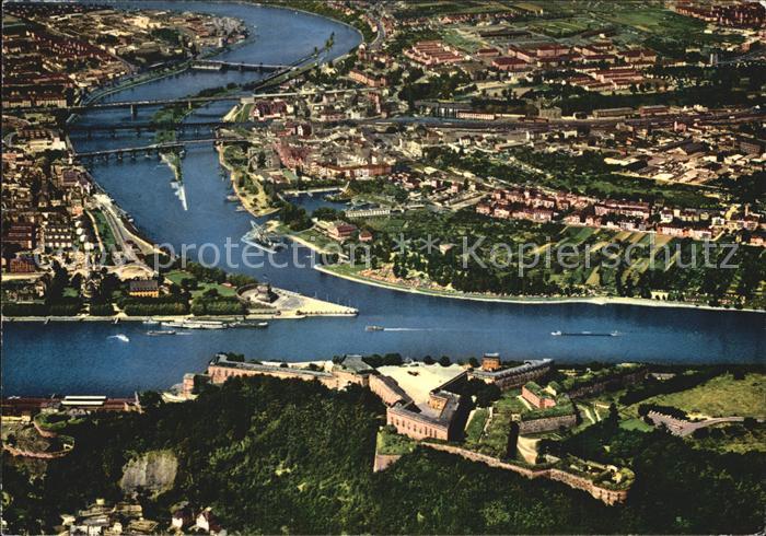 Koblenz Rhein Muendung der Mosel in den Rhein Deutsches Eck Festung Ehrenbreitst