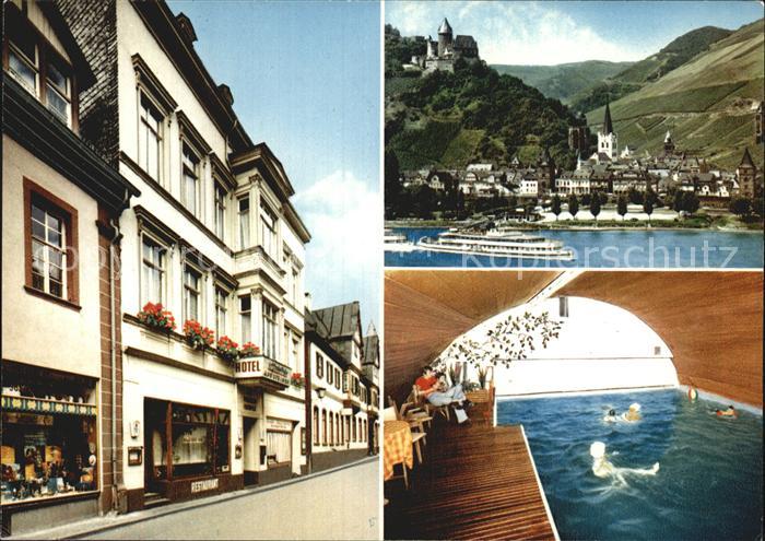 Bacharach Rhein Hotel Apostelhof Hallenbad Ortsansicht mit Kirche Burg Rheindamp
