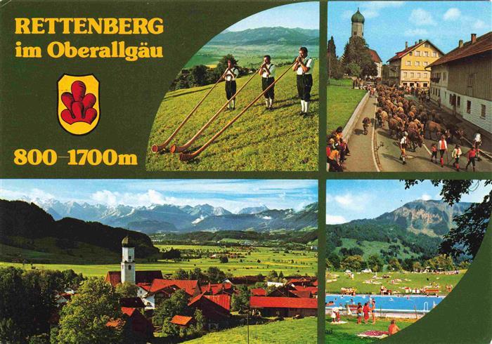Rettenberg Oberallgaeu Alphornblaeser Viehtrieb durch den Ort Panorama Alpen Fre