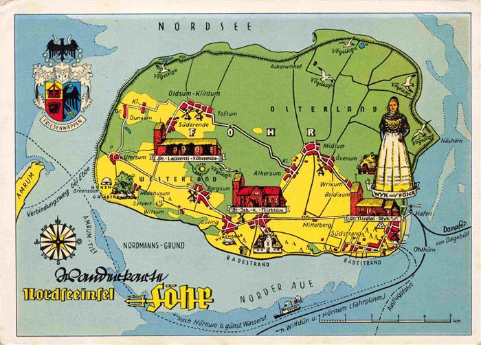 Insel Foehr Landkarte mit Sehenswuerdigkeiten Wappen Kompass