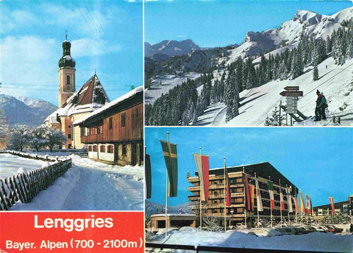 Lenggries Ansicht mit Kirche Hotel Wintersportplatz Alpen Austragungsort Weltcup