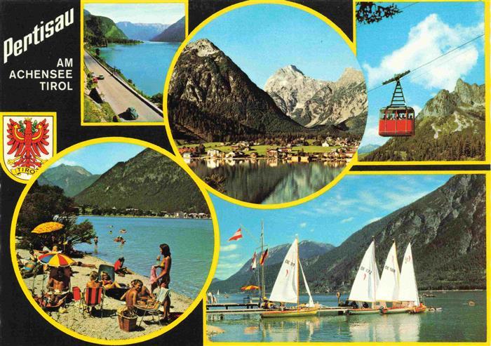 Pertisau Achensee Tirol AT Neue Achenseestrasse Rofanseilbahn gegen Rotspitze Ba