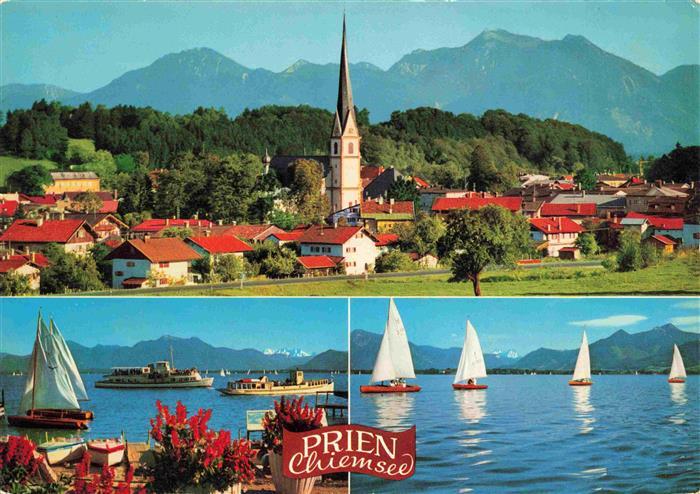 Prien Chiemsee Ortsansicht mit Kirche Chiemgauer Alpen Segeln Faehre