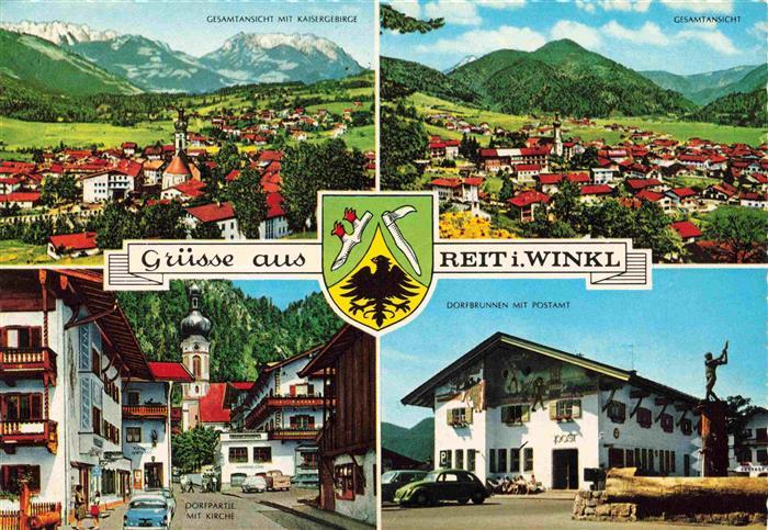 Reit Winkl Panorama Blick gegen Kaisergebirge Dorfpartie Kirche Dorfbrunnen Post
