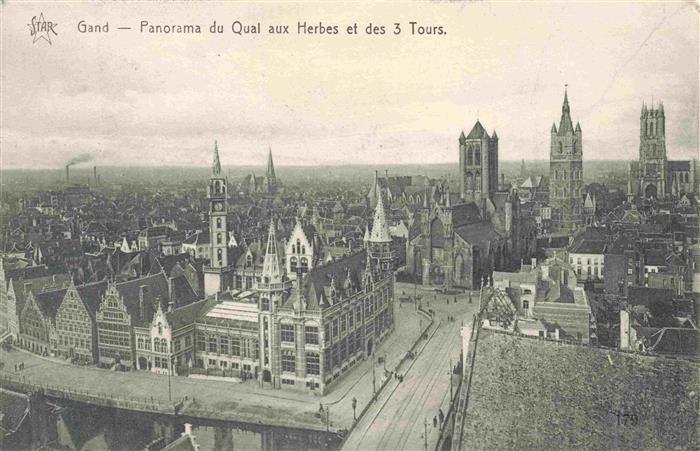 Gand GENT Belgie Panorama du Quai aux Herbes et des troix tours