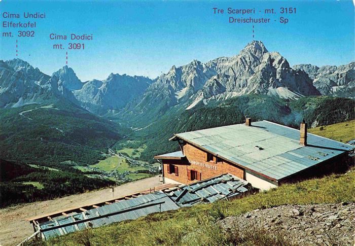 Hahnspielhuette Rifugio Gallo Cedrone mit Elferkofel Cima Dodici Dreischusterspi