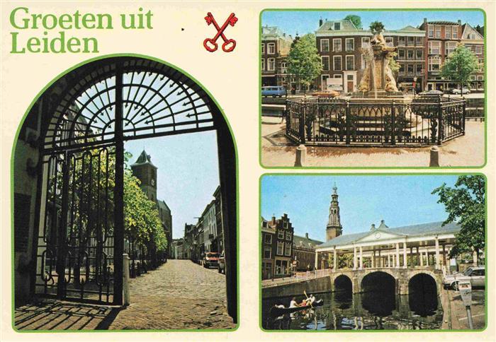Leiden NL Schmiedeeisernes Tor Brunnen Partie am Kanal