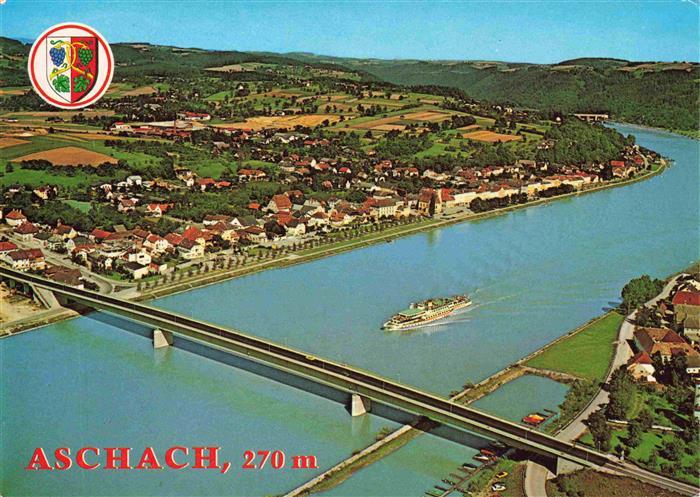 Aschach Donau Oberoesterreich AT Fliegeraufnahme mit Donaukraftwerk und Bruecke