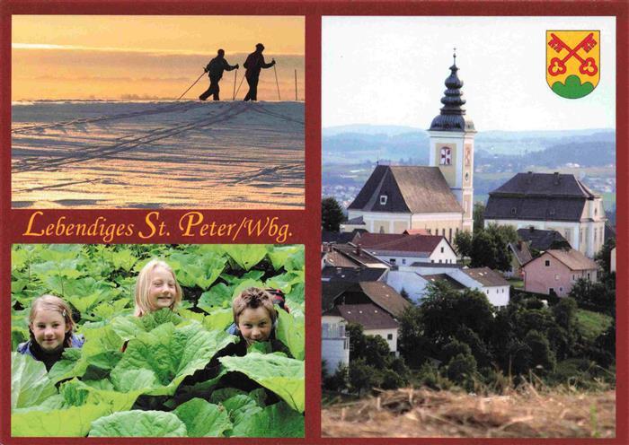 St Peter am Wimberg Oberoesterreich AT Skilanglauf Kirche Kinder im Gemuesebeet