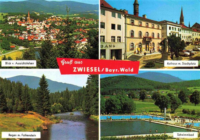 Zwiesel  Niederbayern Blick vom Aussichtsfelsen Rathaus mit Stadtplatz Regen mit