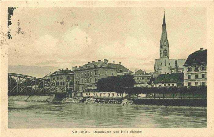 Villach Kaernten AT Draubruecke und Nikolaikirche