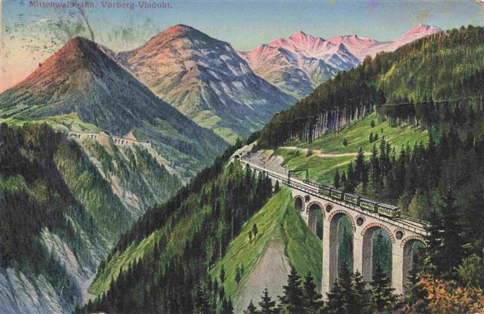MITTENWALD Bayern Panorama Mittenwaldbahn Vorberg-Viadukt Kuenstlerkarte Zensur-