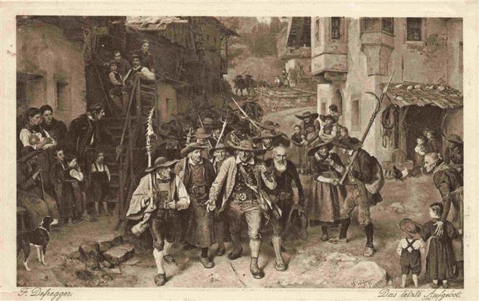 Defregger F. Kuenstlerkarte Letzte Aufgebot Krieg Wien