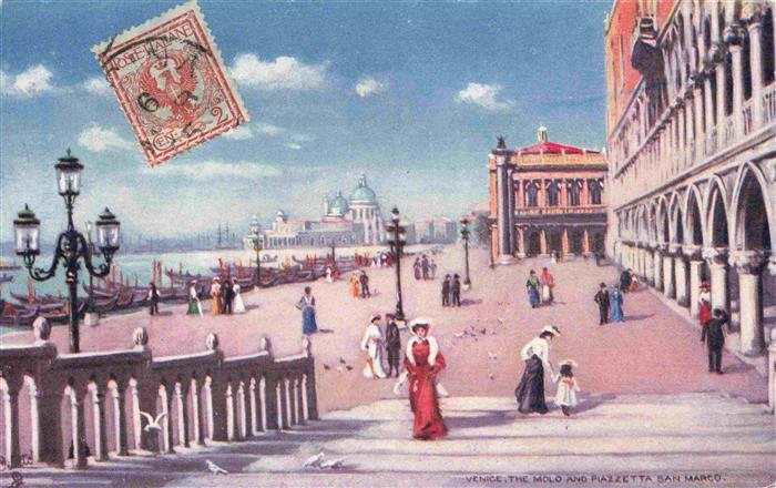 Briefmarken auf Postkarte Timbres Postage Francobollo-- Venice Venedig the Molo