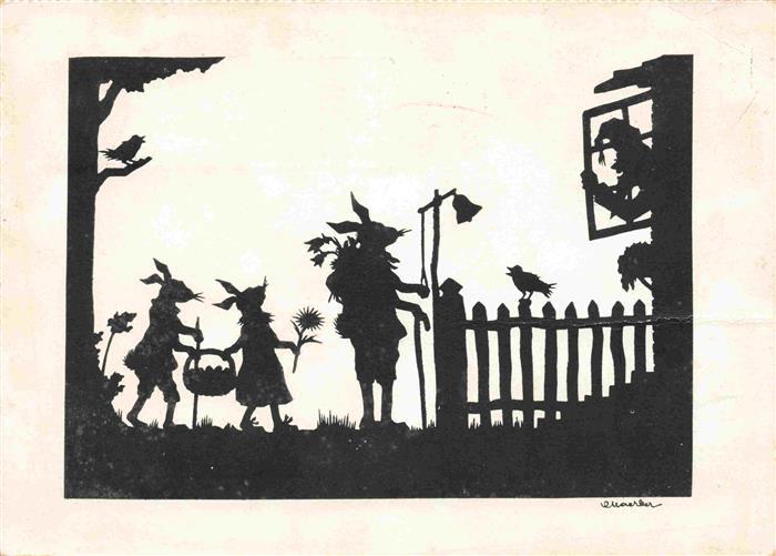 Schattenbildkarte Shadowbolt Scherenschnitt-AK Ostern Easter Paques Pasqua Hasen
