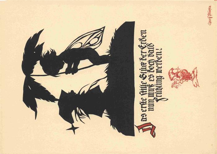 Schattenbildkarte Shadowbolt Scherenschnitt-AK Engel Zwerg