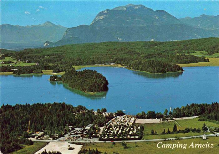 Faakersee Kaernten AT Strand-Camping Arneitz Restaurant gegen Villacher Alpe