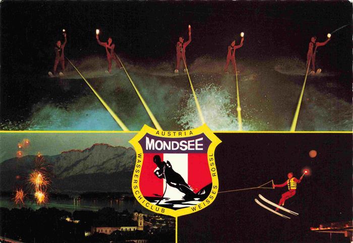 Mondsee Salzkammergut AT Wasserskiclub Weisses Roessl Showprogramm bei Nacht