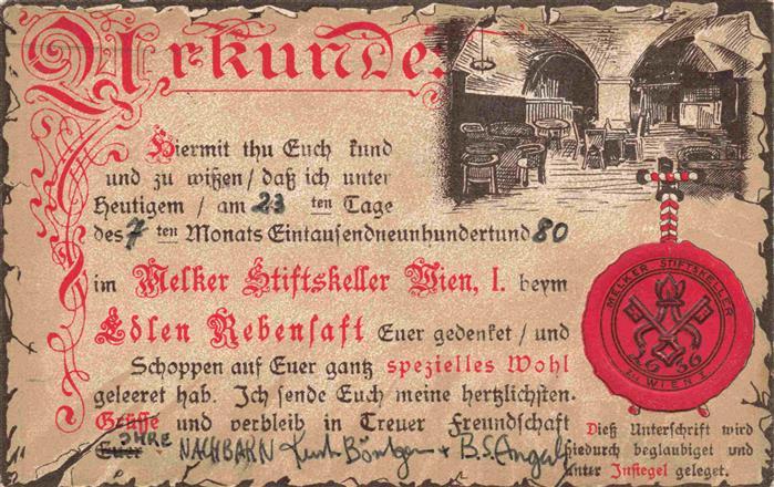 Wien AT Melker Stiftskeller Wien Urkunde