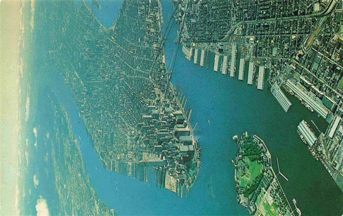 NEW YORK City USA Aerial view showing parts of Lower Manhattan Brooklyn and New