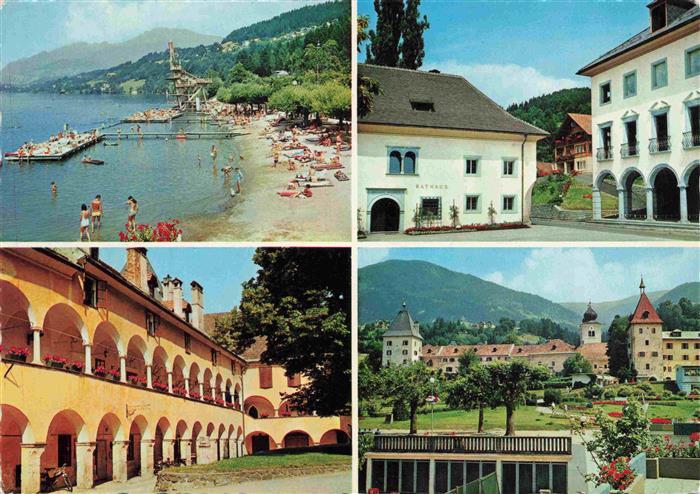 Millstatt Millstaettersee Kaernten AT Seepartie Benediktinerstift Strandbad Pano