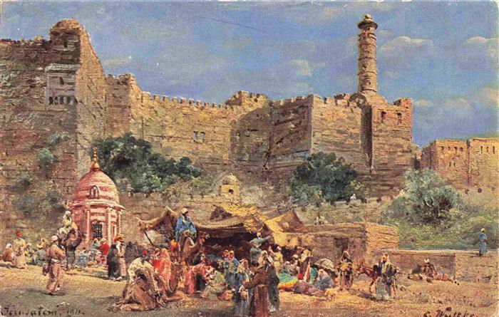 Jerusalem  Yerushalayim Israel Volksleben vor dem Jaffator Kuenstlerkarte
