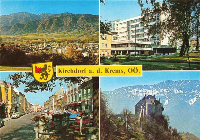 Kirchdorf Krems Oberoesterreich AT Panorama mit Kremsmauer Krankenhaus Marktplat