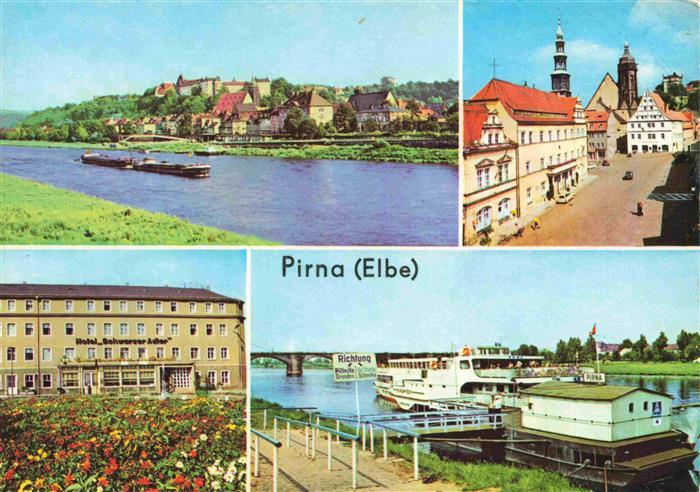 Pirna Elbe Elbepartie Markt mit Rathaus Hotel Schwarzer Adler Dampferanlegestell