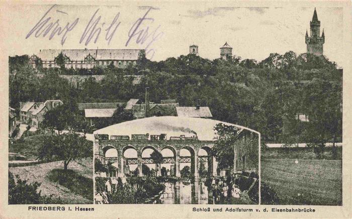Friedberg Hessen Schloss und Adolfsturm von der Eisenbahnbruecke