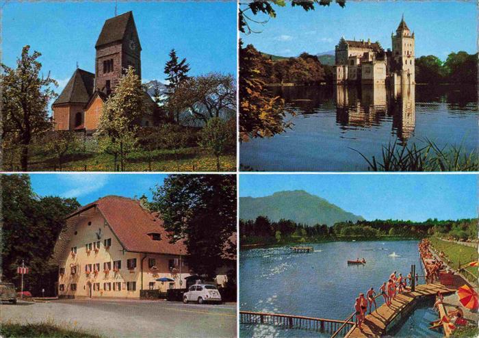 Anif Salzburg AT Ortskirche mit Untersberg Gasthof Schlosswirt Schloss Anis Wald