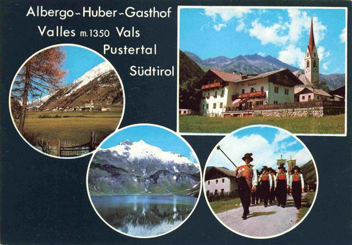Vals Valles Suedtirol IT Albergo Huber Gasthof Kirche Seepartie Trachtengruppe