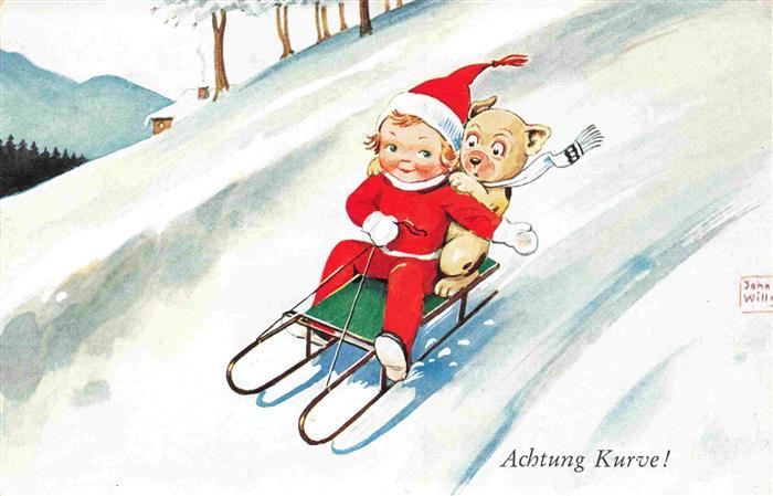 Verlag WS SB Nr. 8844 Achtung Kurve Kind Schlitten Hund