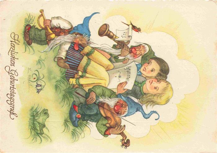 Zwerge Dwarfs Nains-- Geburtstags Gruesse Kinder Geige Floete Frosch