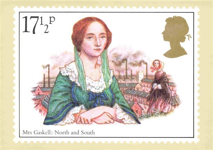Briefmarken auf AK Timbres Postage Francobollo-- Mrs Gaskell North South