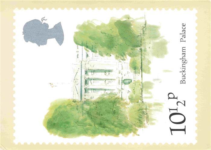 Briefmarken auf AK Timbres Postage Francobollo-- Buckingham Palace