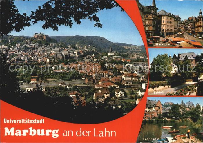 Marburg Lahn Stadtbild mit Veste Marktplatz Schloss Lahnpartie Bootsanleger Univ