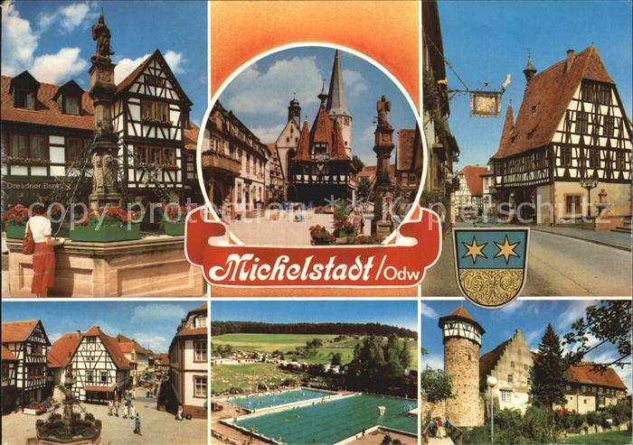 Michelstadt Brunnen Marktplatz Rathaus Fachwerkhaeuser Diebsturm Stadtmauer Burg