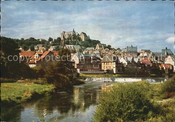 Marburg Lahn Partie am Fluss mit Blick zum Schloss