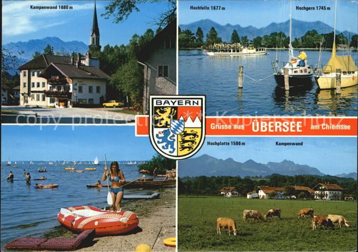 uebersee Feldwies Kirche Strand Boote Viehweide Kuehe Bayerische Alpen