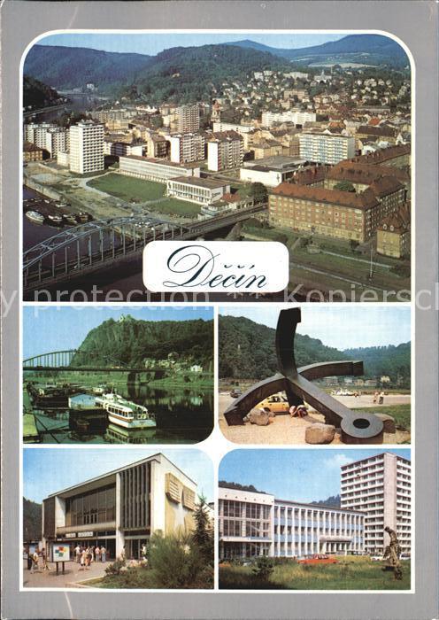 Decin Boehmen Teilansichten Elbe Bruecke Dampfer Anker Gebaeude