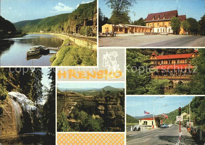 Hrensko Elbe Anleger Hotel Restaurant Wasserfall Gebirgspanorama Grenze