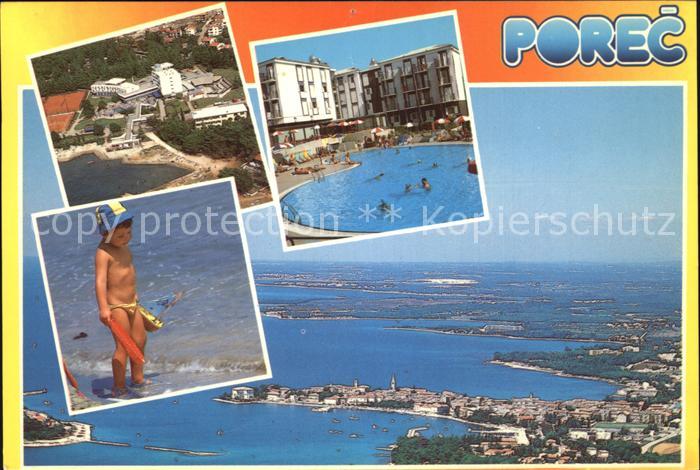 Porec Hotel Turist Swimming Pool Kind am Strand Fliegeraufnahme