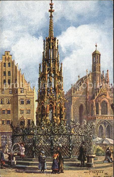 NueRNBERG  CITY Schoener Brunnen mit Frauenkirche Kuenstlerkarte