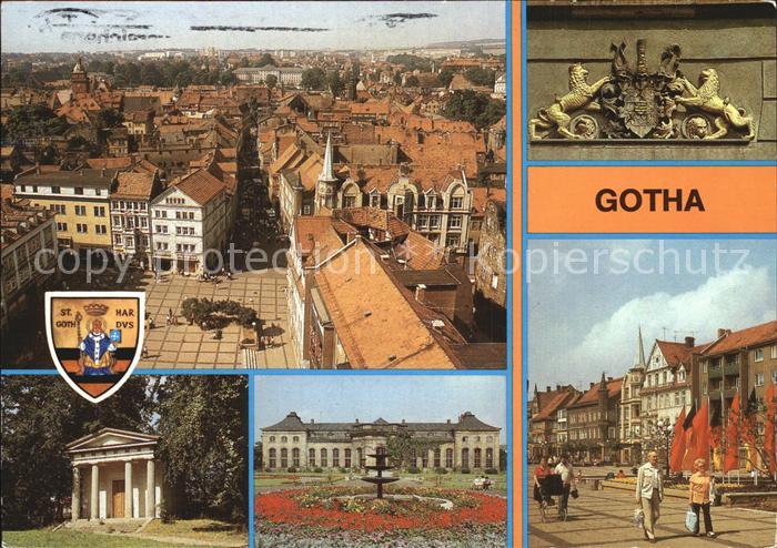 Gotha Thueringen Blick vom Turm der Margaretenkirche Wappen am Rathau Dorischer