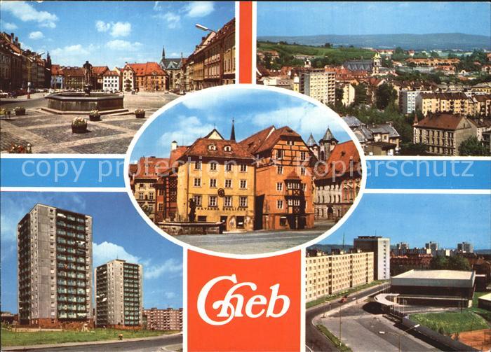 Cheb Eger Markt Brunnen Panorama Hochhaeuser