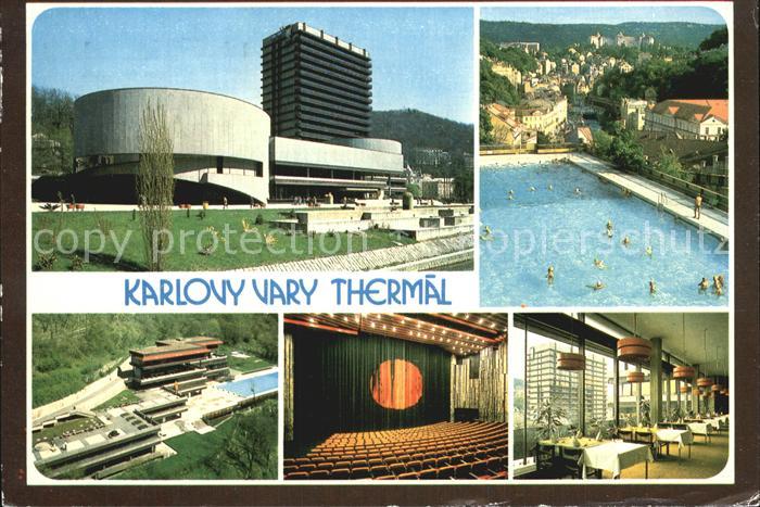 Karlovy Vary Celkovy pohled na mesto Termalni bazen Velky sal hotelu Interier ra