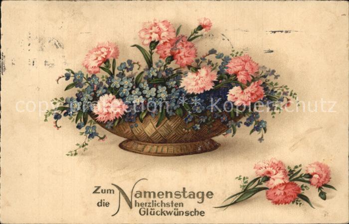 Namenstag Namenskarte Vergissmeinnicht Nelken Litho