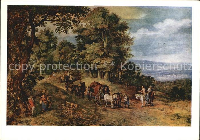 Kuenstlerkarte Jan Brueghel der aeltere Belebter Fahrweg auf waldiger Hoehe